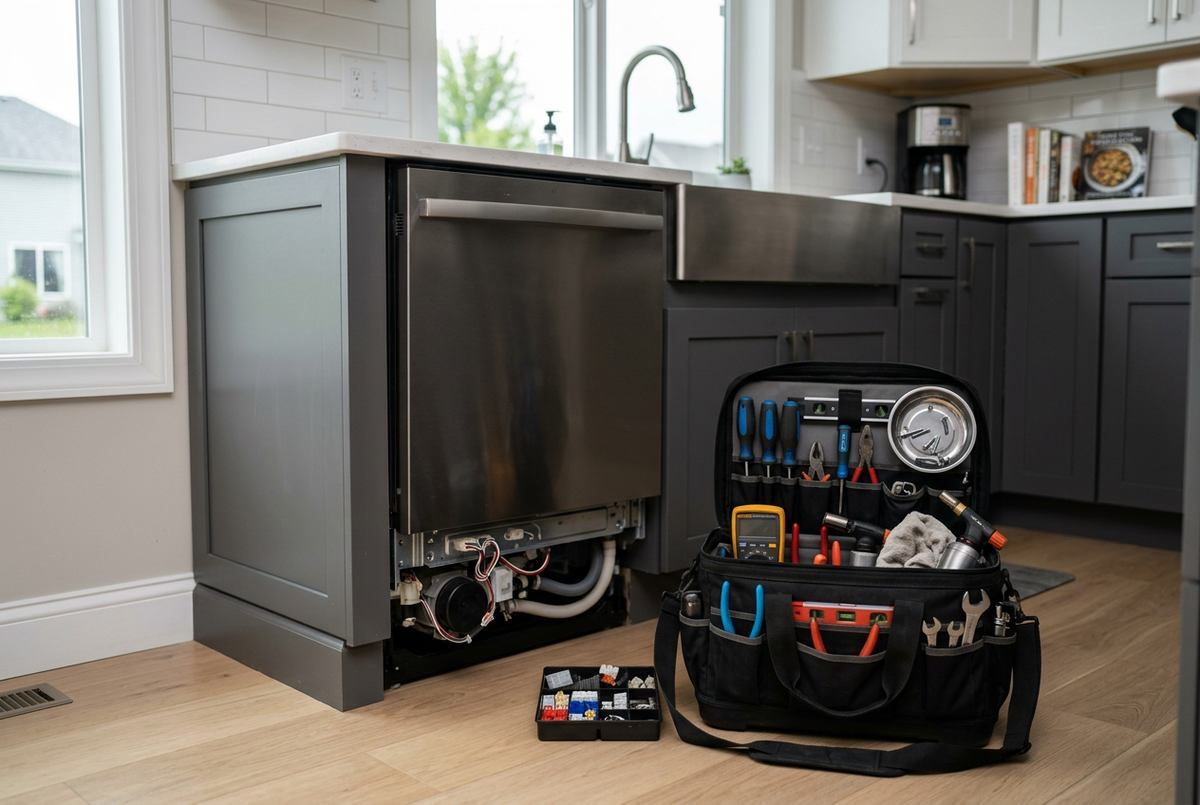 Appliance repair technician at work